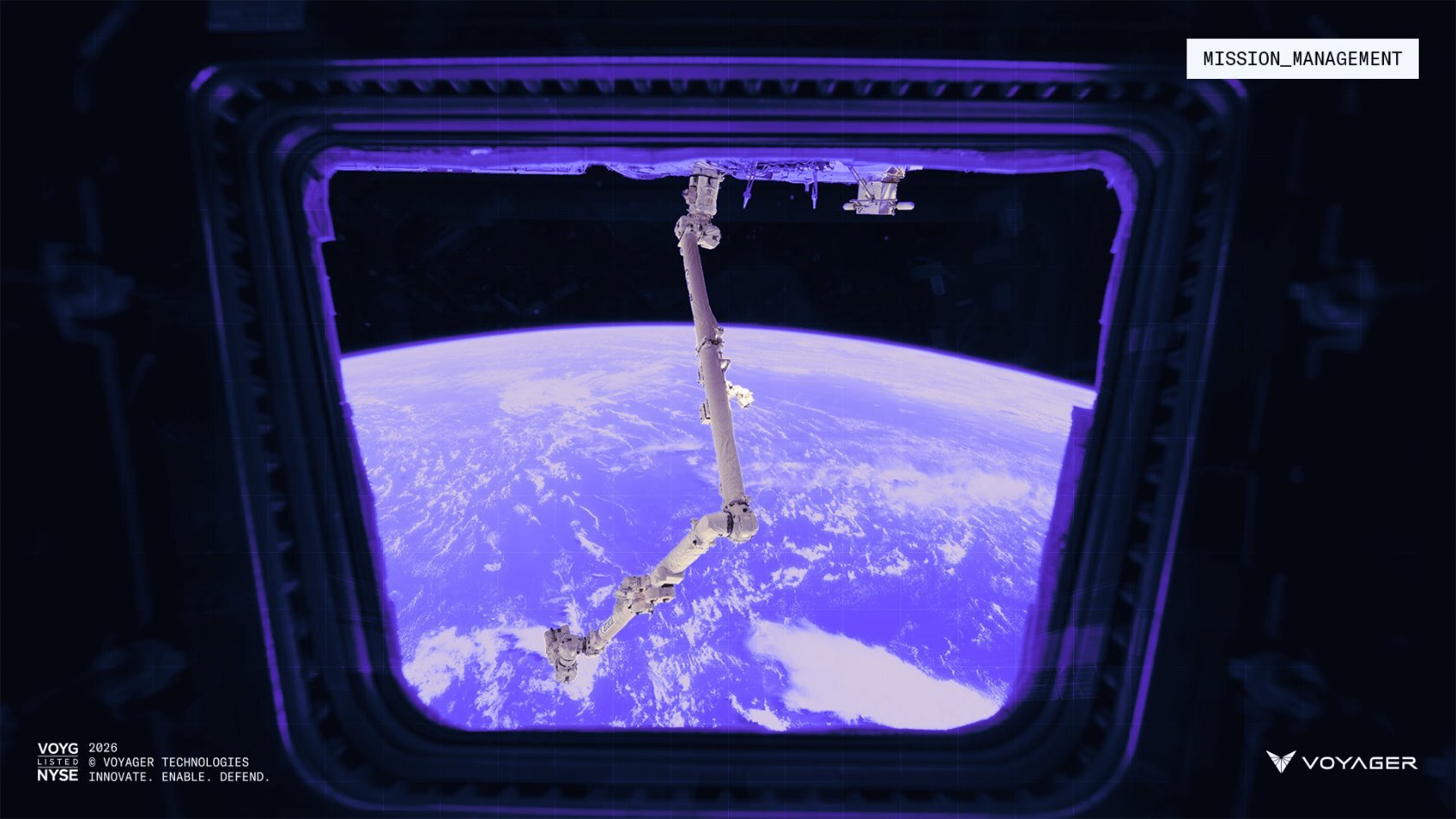 Space station arm over Earth view from window.
